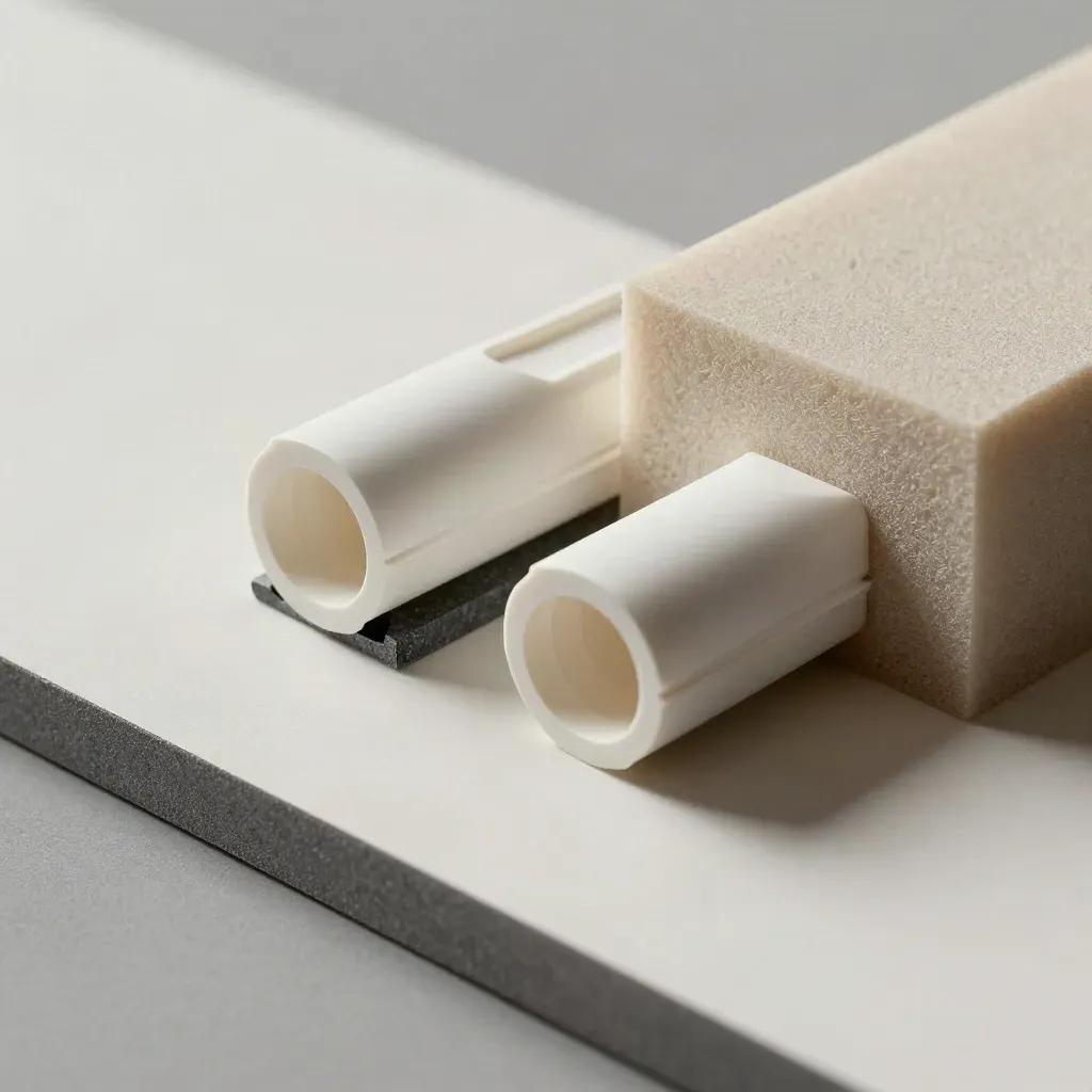 Deux profils PVC biseautés avec cale graphite et mousse sur fond clair.