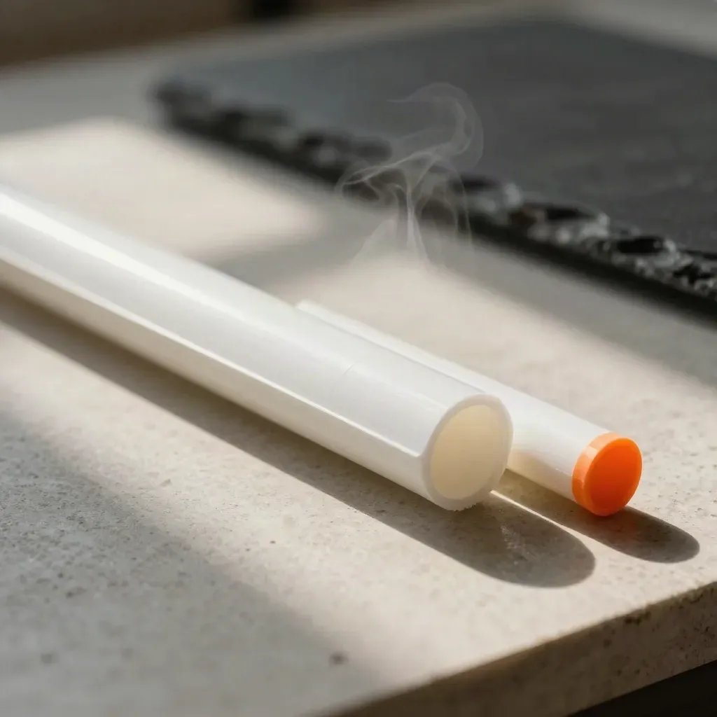 Profil PVC d’essai, segment refroidi et chute propre sur béton, avec légère vapeur chaude.