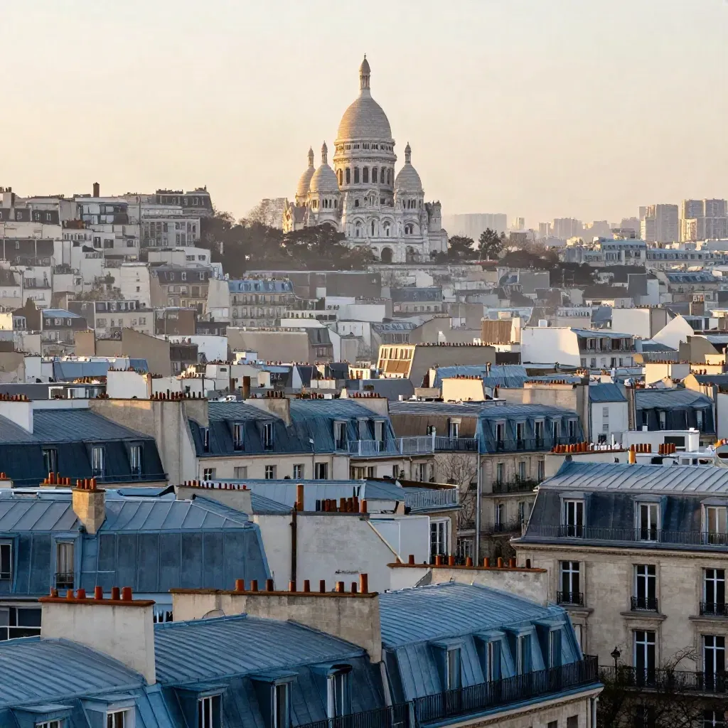Vue large de Paris au lever du jour, Sacré-Cœur au loin sur les toits et la brume de Seine.