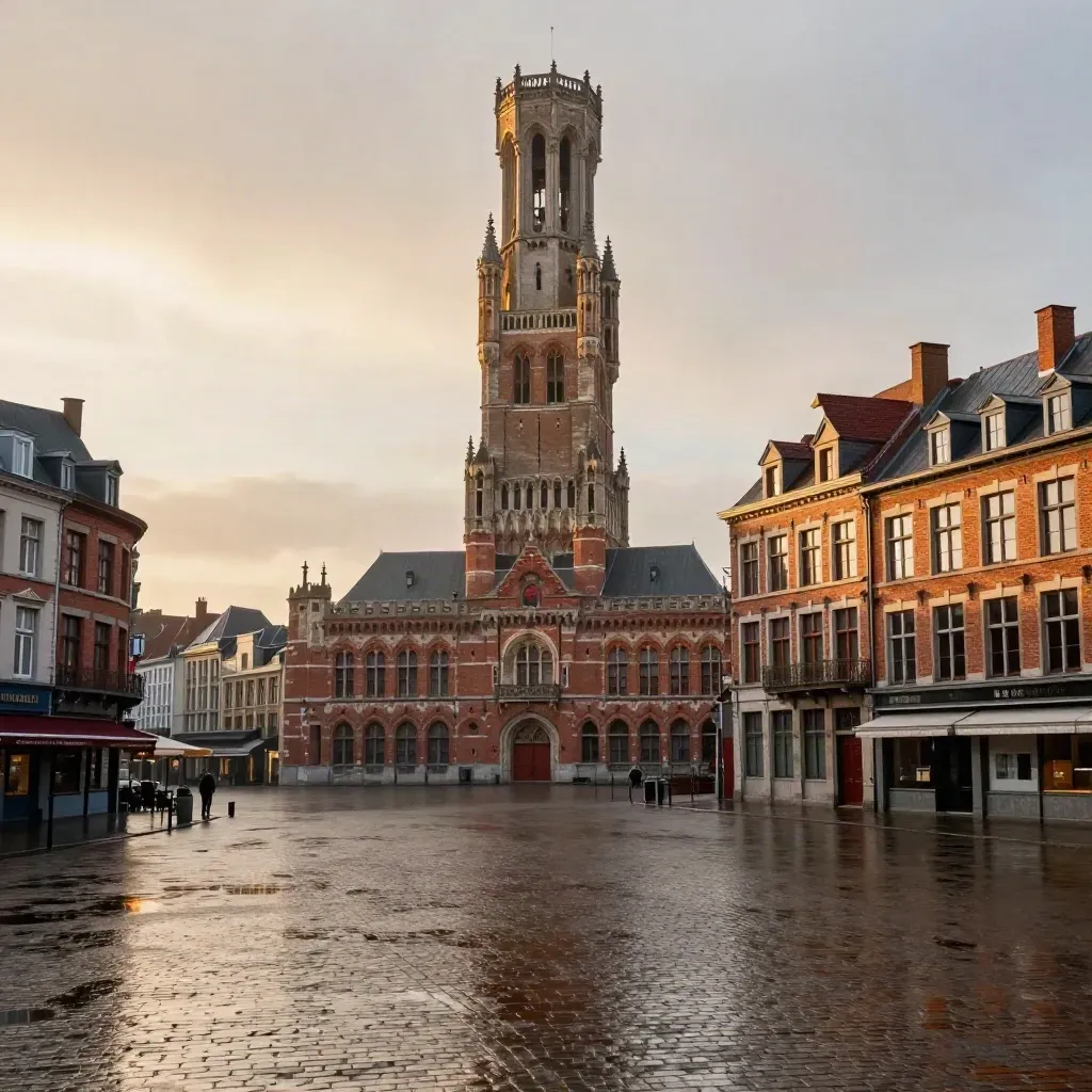 Le beffroi de Lille sur des toits de brique au coucher du soleil, place vide après la pluie.