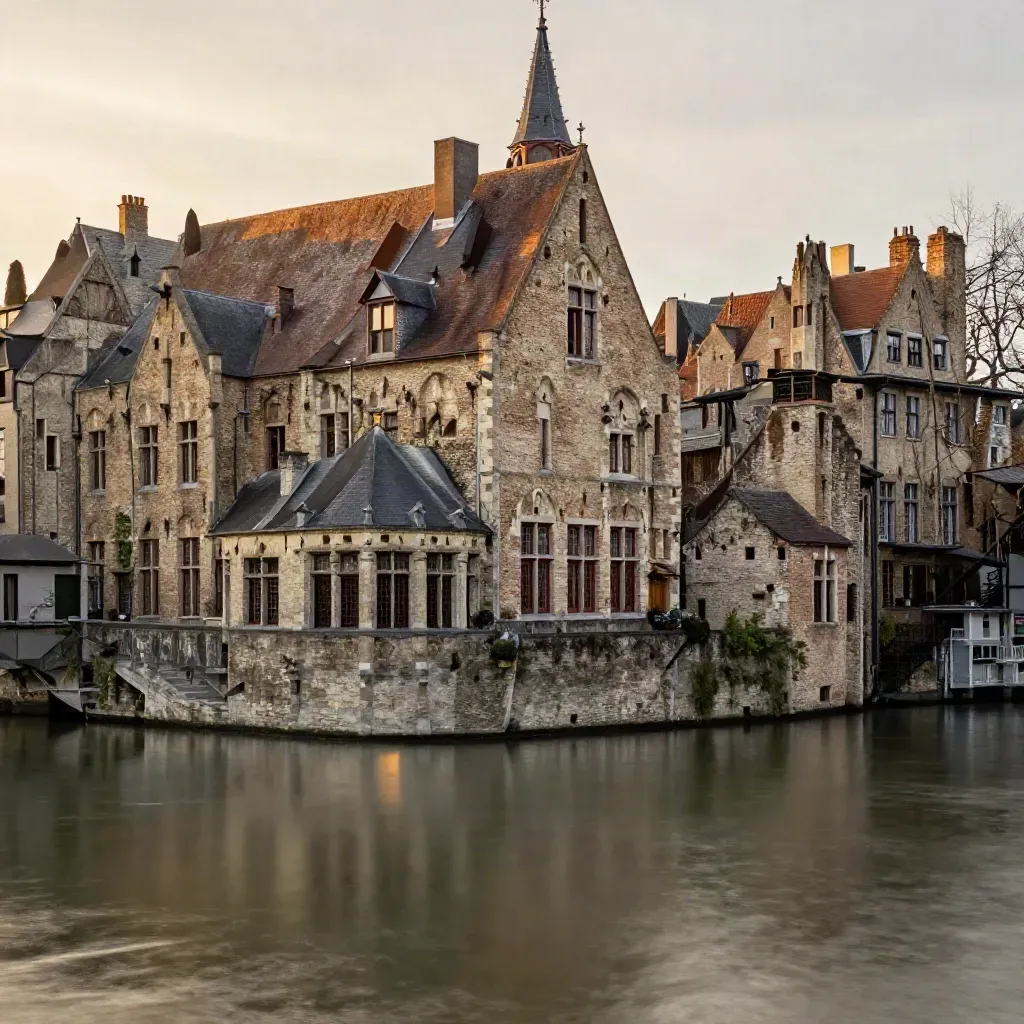 Façades à pignons de Bruges au bord d’un canal calme au coucher du soleil