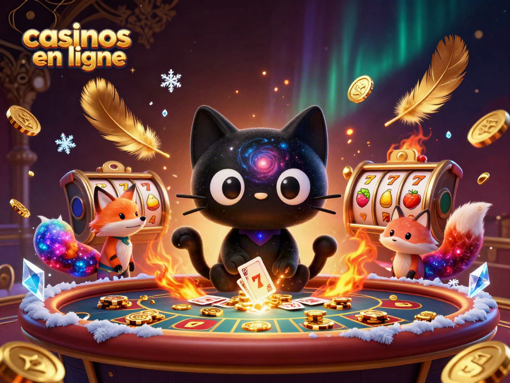 Illustration captivante de jeux de casinos en ligne, mettant en lumière un chat de trou noir et un renard nébuleux au centre d'une scène cosmique.