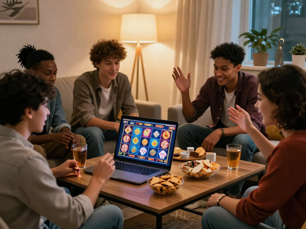 Groupe d'amis jouant à des jeux de casino en ligne en France dans un cadre convivial.