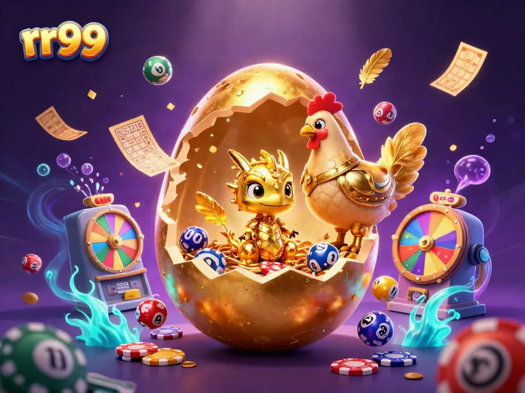 Experience the thrill of rr99 with a golden dragon and vibrant game elements in a rich casino scene.