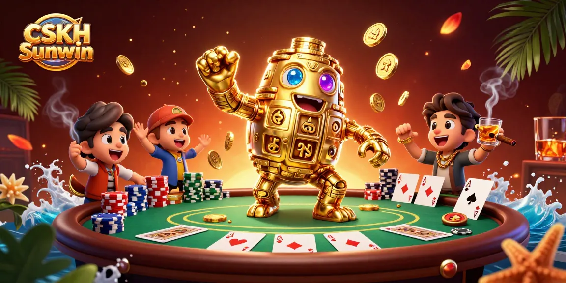 Experience winning at CSKH Sunwin with a vibrant casino scene featuring a golden golem and poker elements.