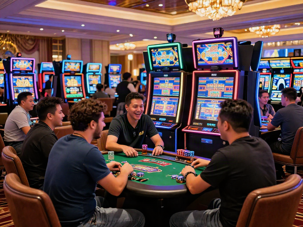 Scène dynamique dans un casino en ligne avec des joueurs enthousiastes et des machines à sous éclairées.