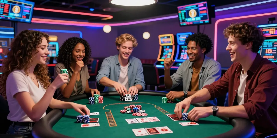 Scène de casino crypto avec retrait crypto casino, joueurs célébrant leurs gains autour d'une table de jeu moderne.