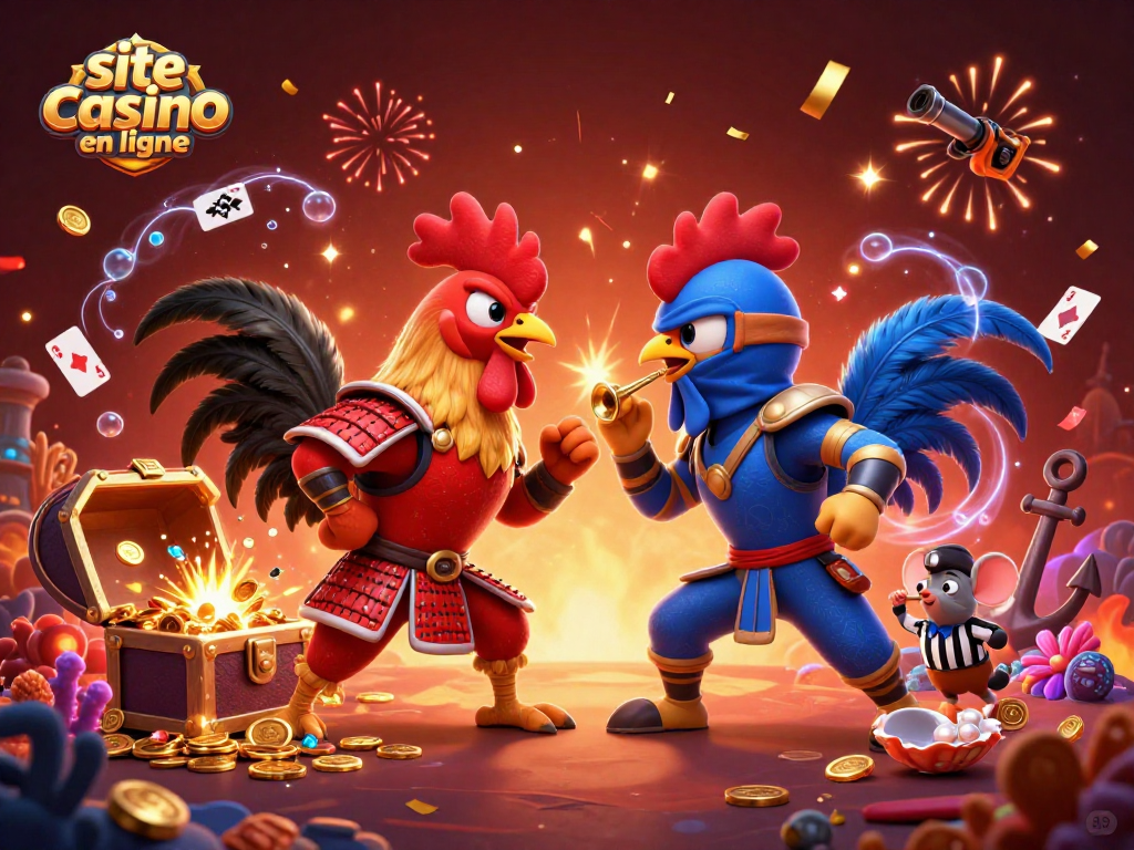 Jouez sur le site casino en ligne avec des coqs combattants et des éléments de casino éclatants.