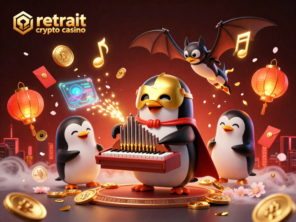 Retrait crypto casino : illustrations dynamiques avec un pingouin jouant de l'orgue, pièces et éléments blockchain