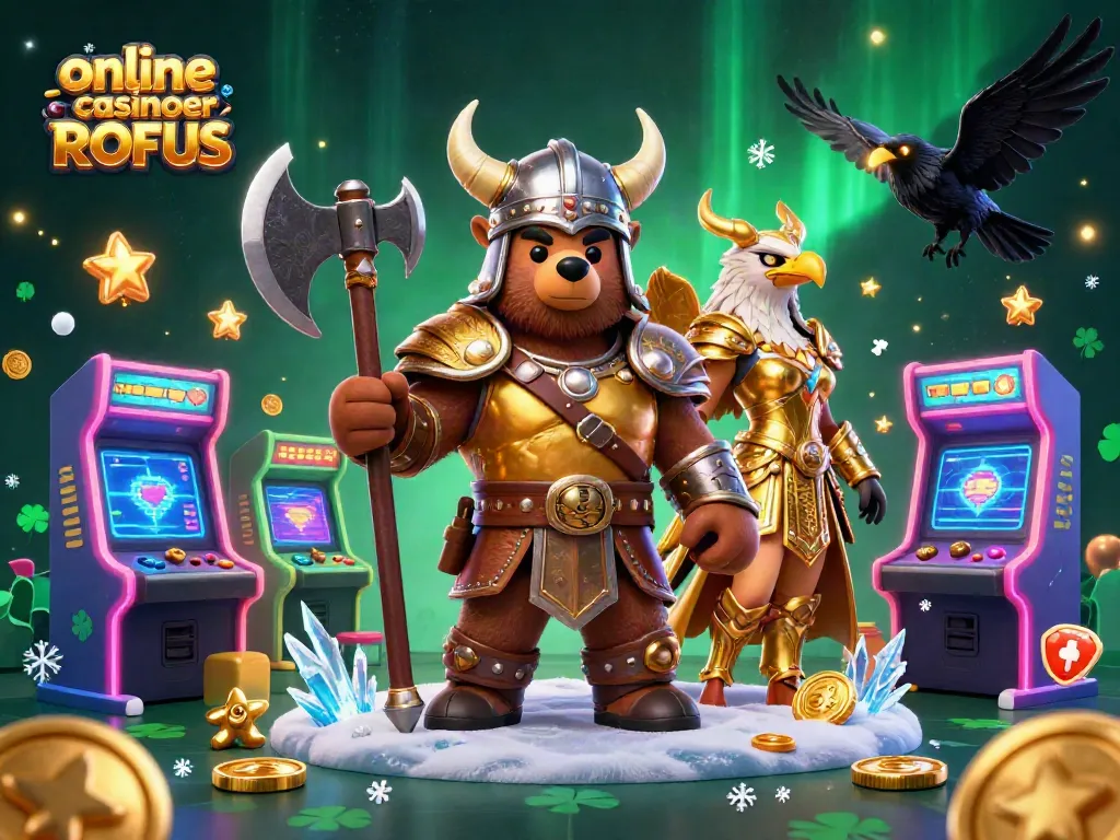 Engage with online casinoer uden ROFUS featuring a Viking bear and Valkyrie in a vibrant, interactive setting.