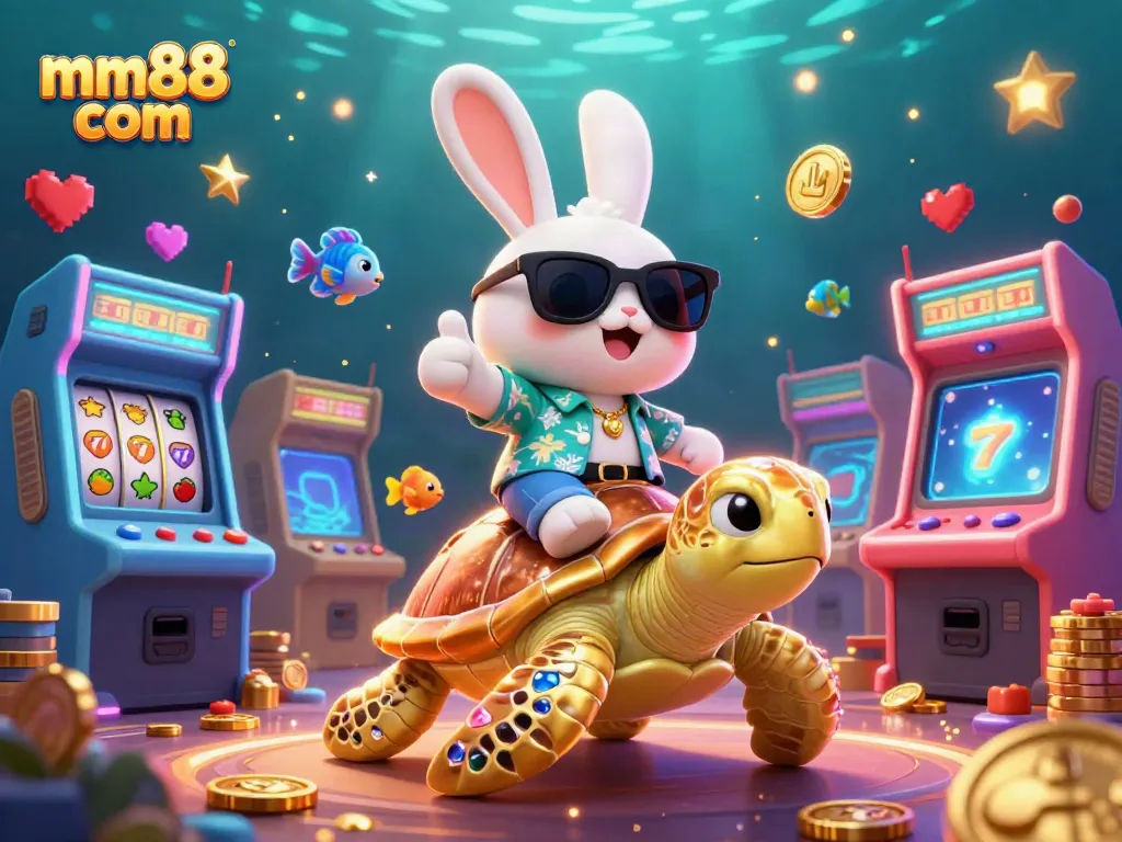 Play games at mm88 com with a lucky rabbit and golden turtle in a vibrant casino atmosphere
