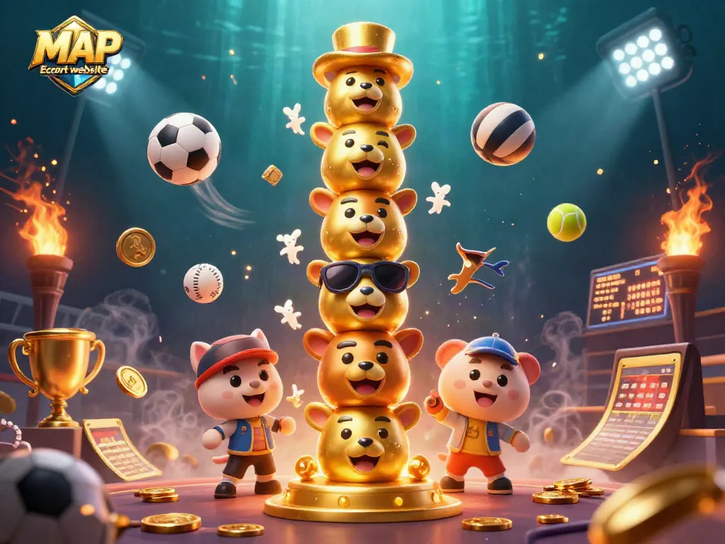 Engage with the MAP Escort website through an exciting 3D illustration of casino elements and sports excitement.