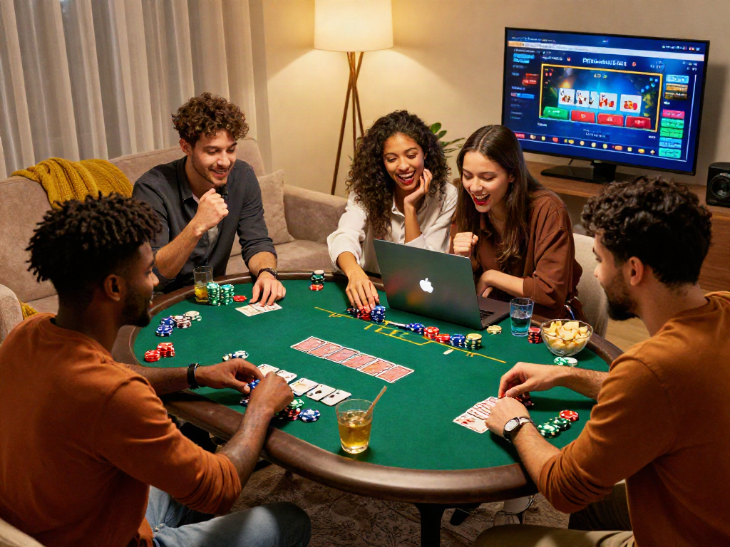 Scène de casino français en ligne avec des amis jouant ensemble dans un salon convivial, ambiance joyeuse et moderne.