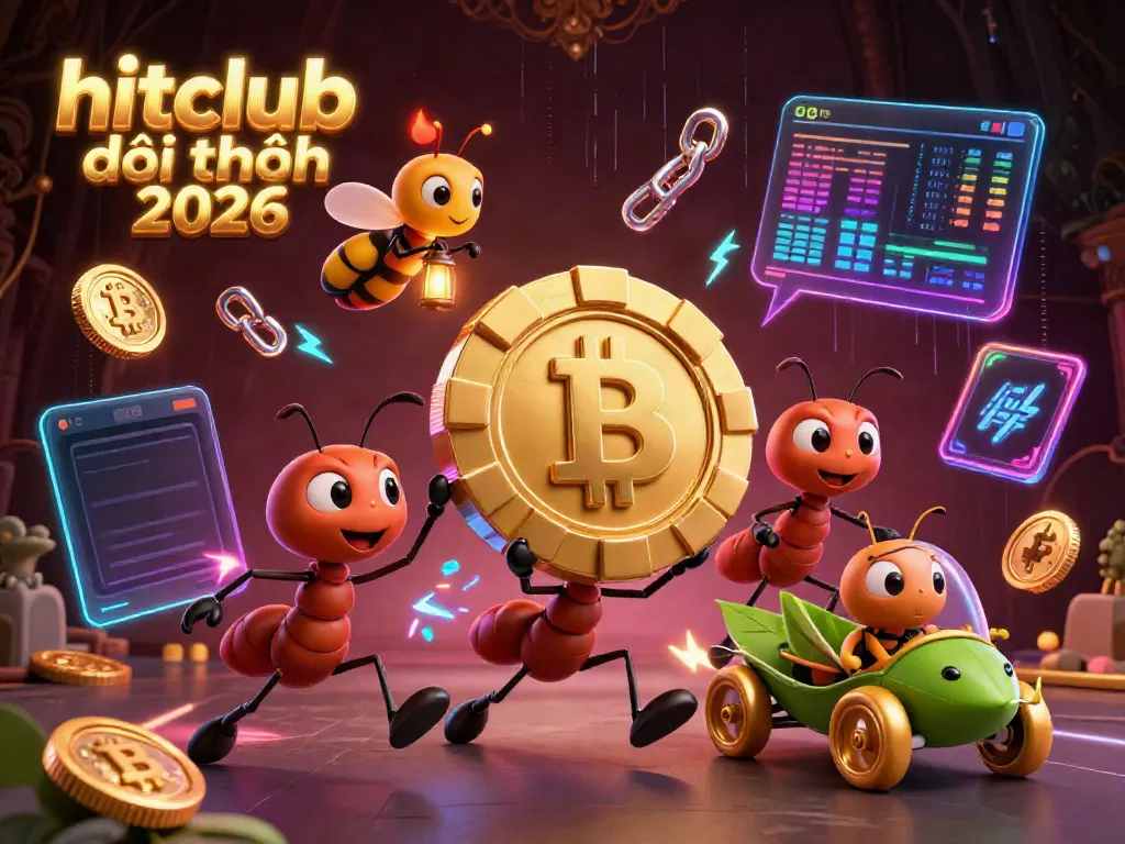 Experience the adventure of hitclub đổi thưởng 2026 with a team of cartoon ants in a heist, featuring oversized poker chips and crypto elements.
