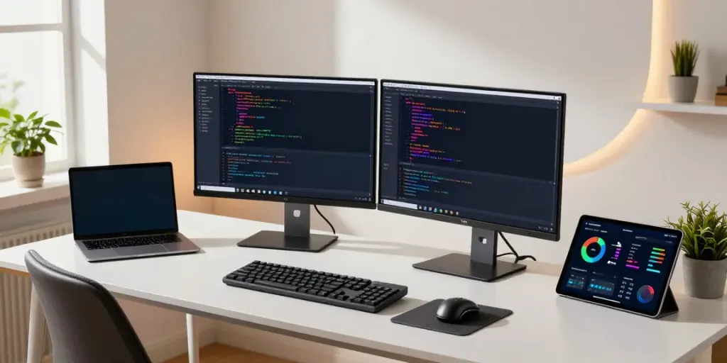 Engaged programmer using uncensored AI chat interfaces in a modern tech workspace