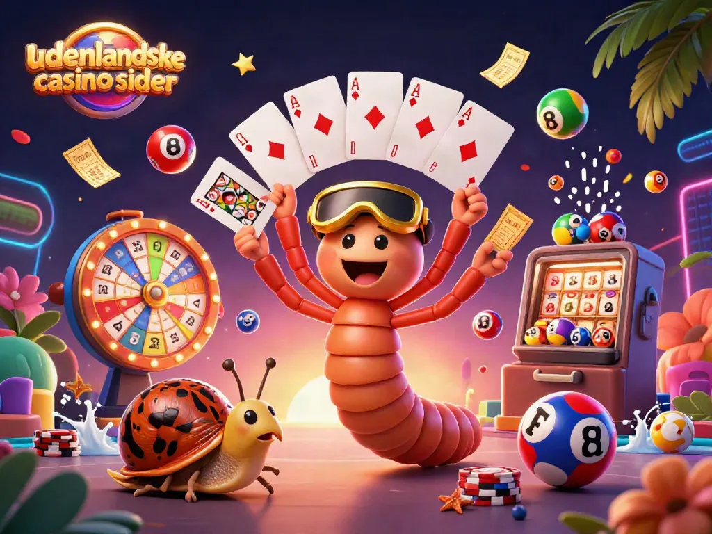Engage with udenlandske casino sider as a cartoon dealer showcases cards amidst colorful lottery elements.