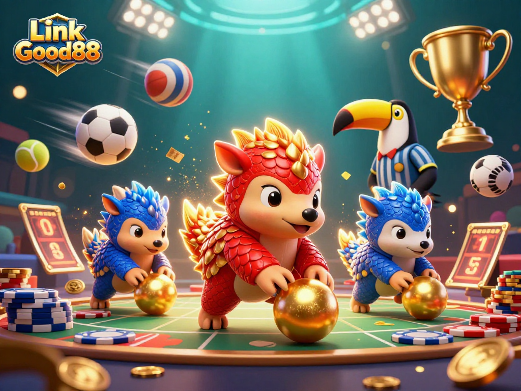 Experience thrilling action at Link Good88 with rival pangolins bowling through poker chips.