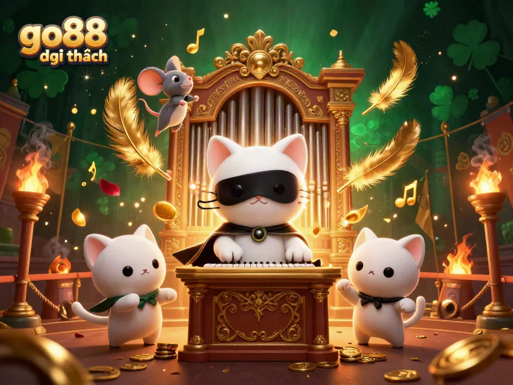 Experience go88 đổi thưởng with a majestic 3D casino scene featuring a masked cat at the pipe organ, enchanting visuals.