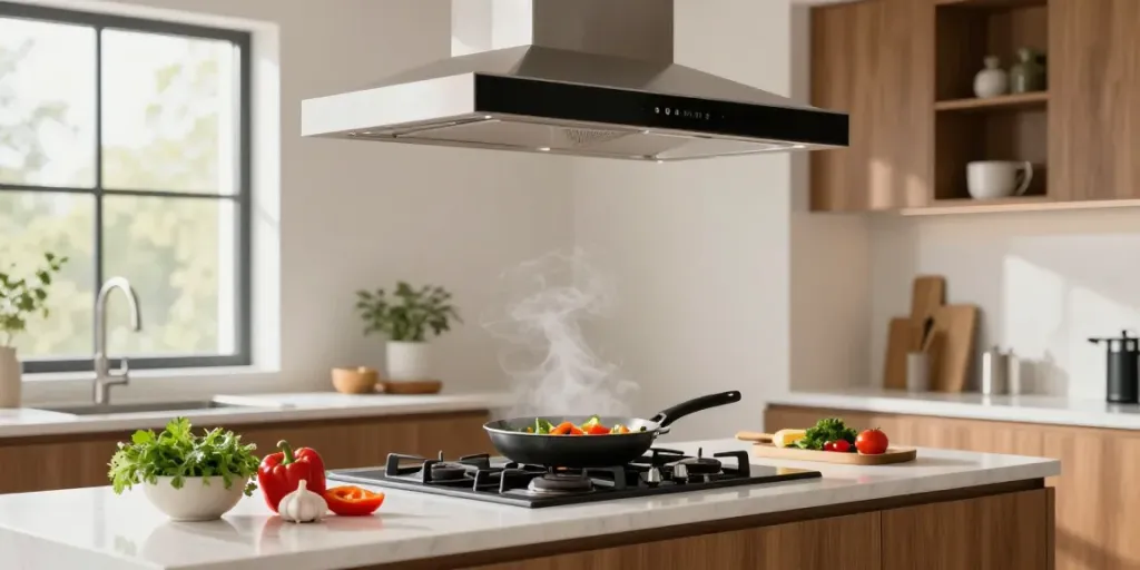 Hotte aspirante 90 cm au-dessus d'une cuisinière dans une cuisine moderne avec des ingrédients frais.