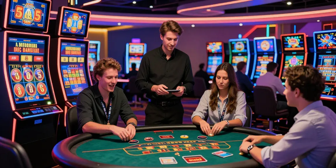 Ambiance de site casino en ligne avec joueurs engagés, machines à sous et roulette.