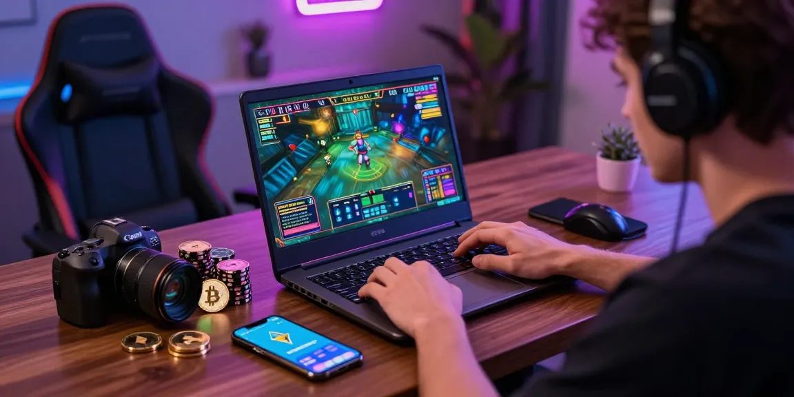Joueur de casino Bitcoin profitant d'un jeu en ligne avec des cryptomonnaies autour de lui, ambiance moderne et dynamique.