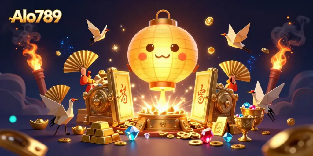 Alo789 ignites excitement with a 3D lantern spirit floating over a vibrant casino scene filled with treasures.
