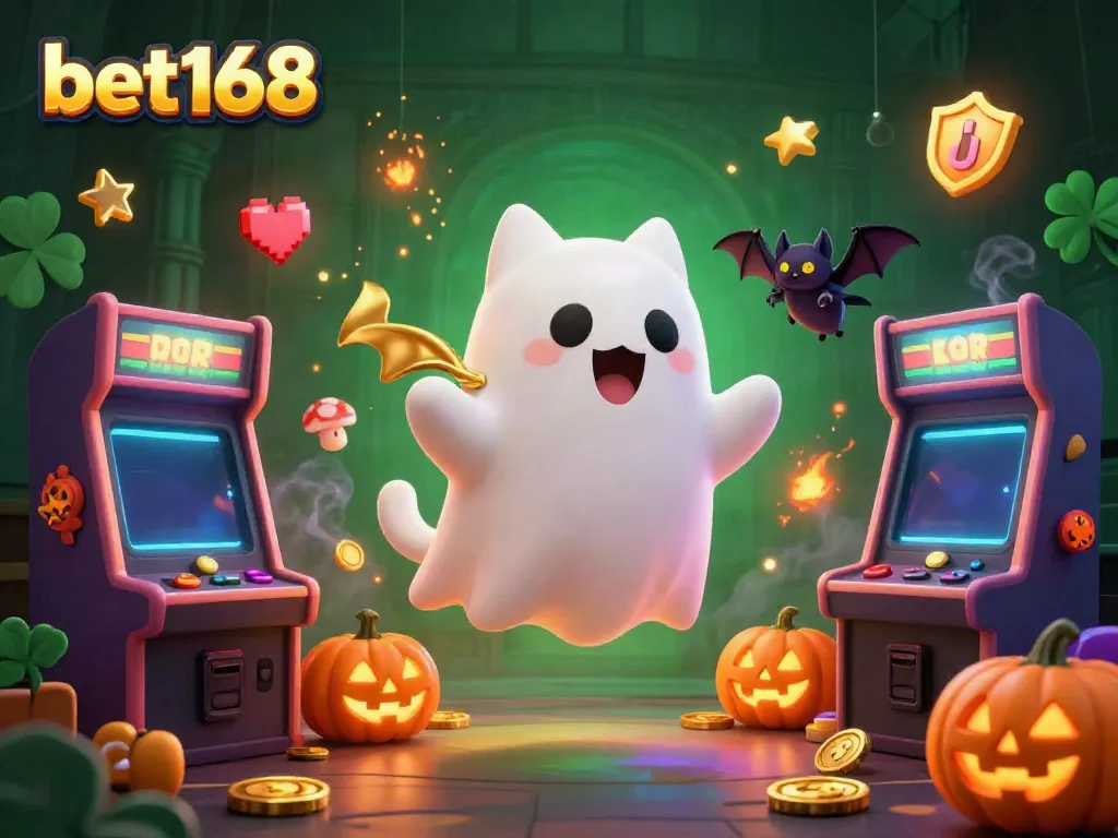 Experience the thrills of bet168 with friendly ghost cat and vampire bat in a haunted casino adventure.