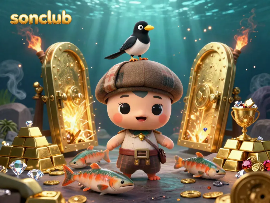 Experience the thrill of sonclub with a whimsical illustration of Nessie and treasures shining wildly.