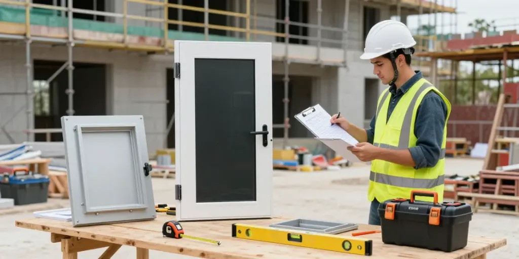 Homme inspectant des hatches et portes d'accès de Sanluk sur un chantier de construction.