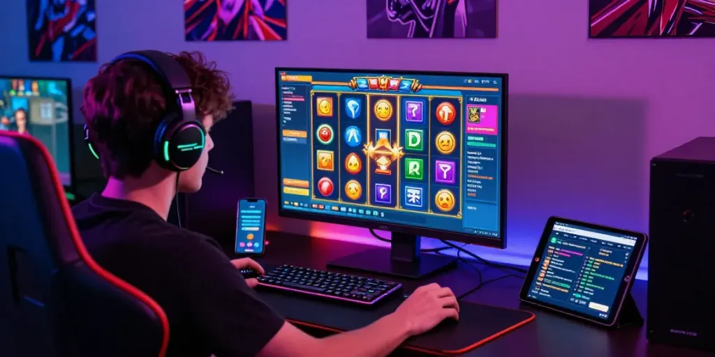 Pengalaman bermain kangtoto dengan pemain fokus menggunakan headset di lingkungan gaming modern yang terang.