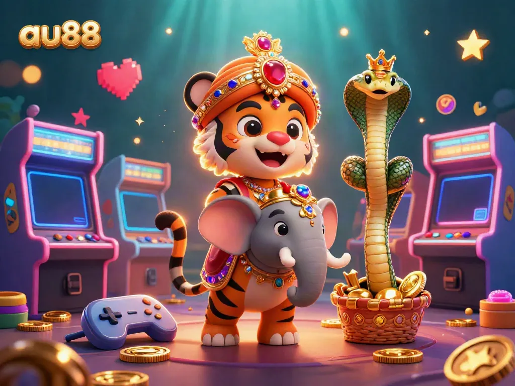 Engage in thrilling gaming adventures on au88 with vibrant illustration featuring a maharaja, elephant, and cobra.