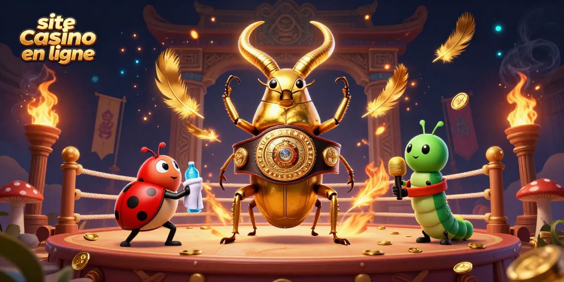 Immergez-vous dans un univers captivant de site casino en ligne avec une illustration dynamique mêlant un scarabée géant en ceinture de champion et des éléments de jeu.