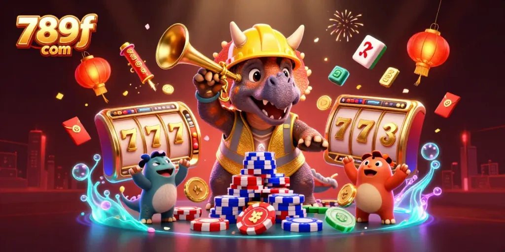 Celebrate wins with 789f com as a triceratops builds poker chips in a festive casino scene.
