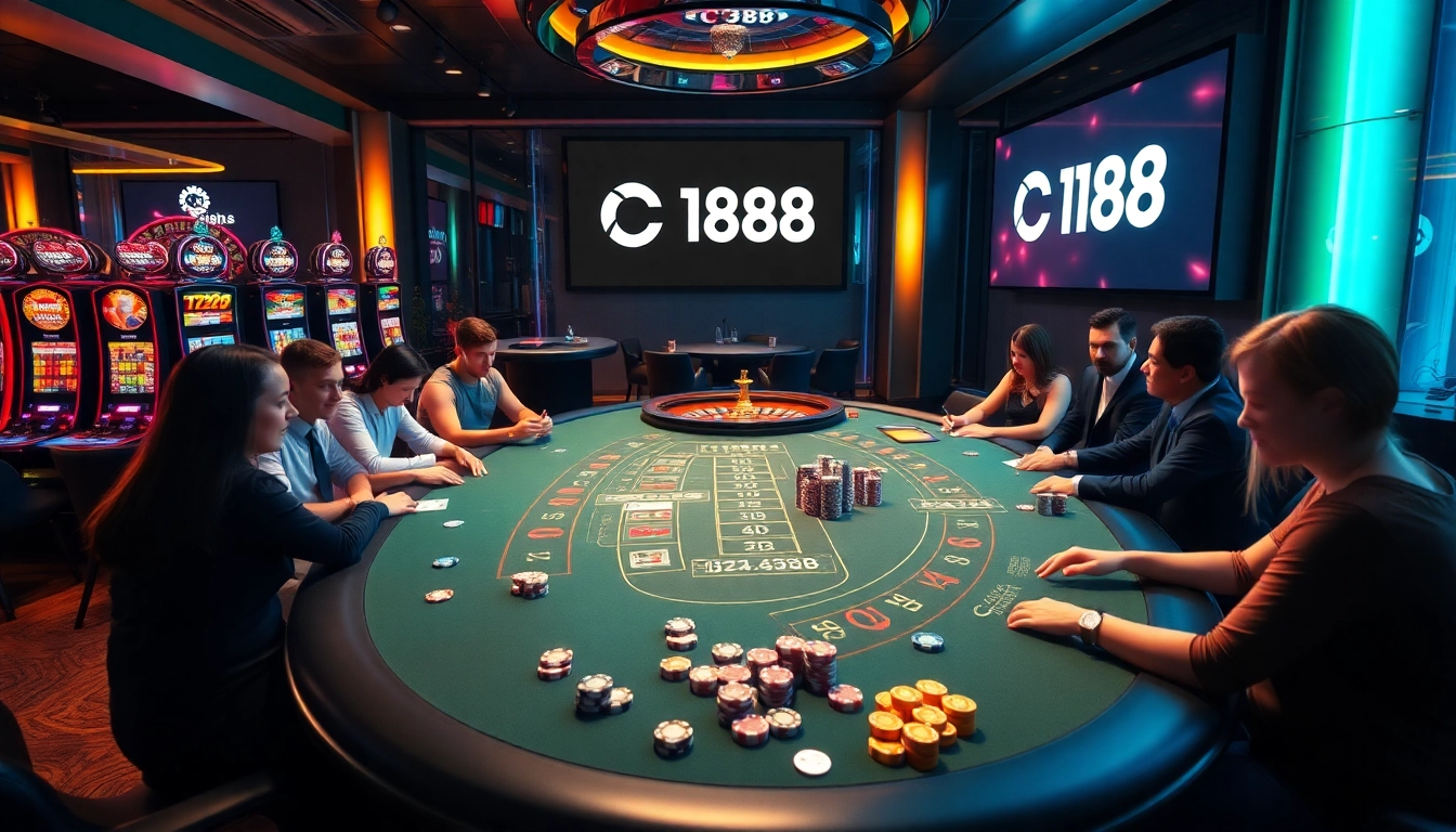 Exciting gaming atmosphere with players at C168 casino table, vibrant colors, and luxury elements.