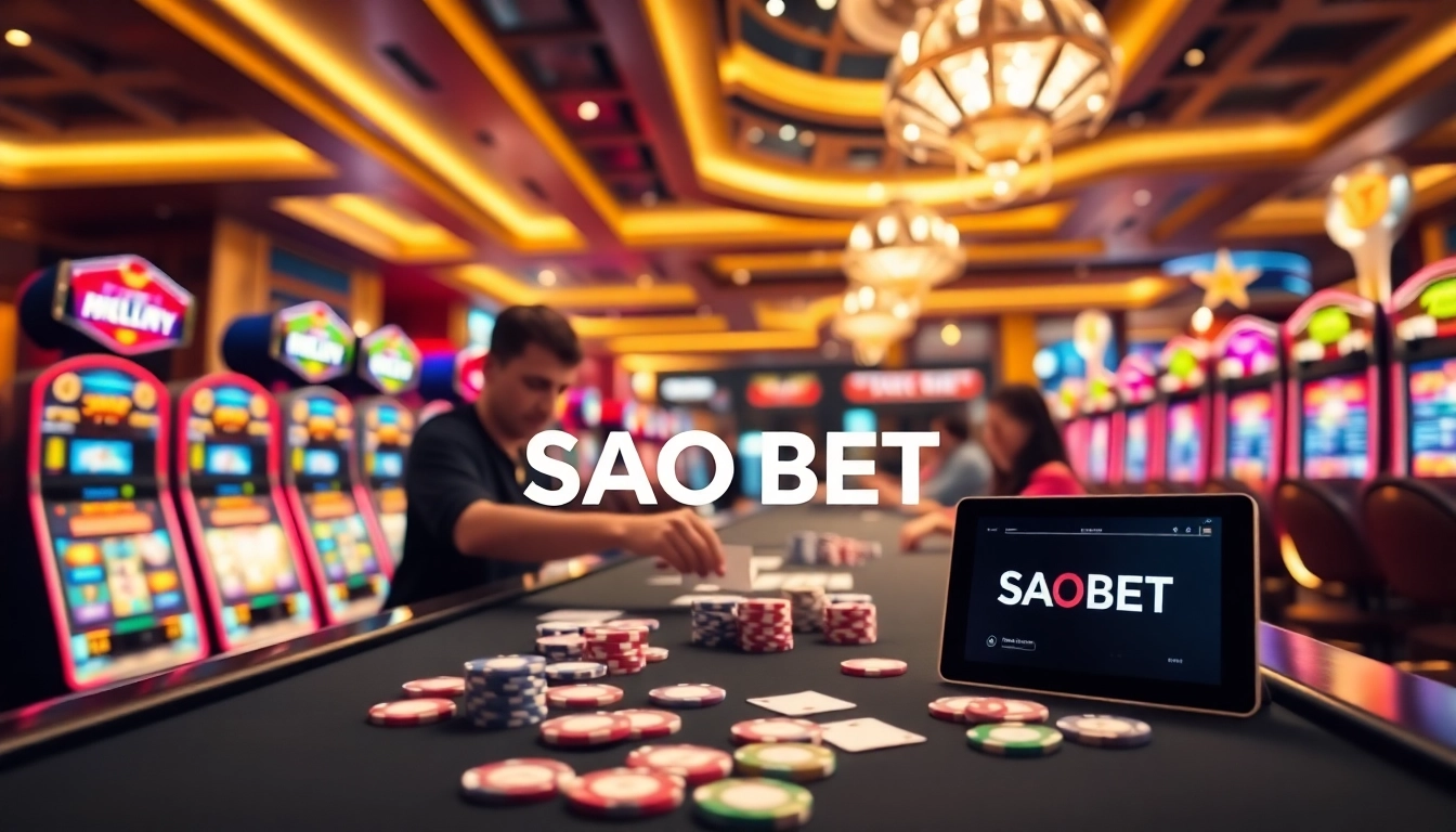 SAO BET casino scene with dealers, poker chips, and vibrant gaming tables.