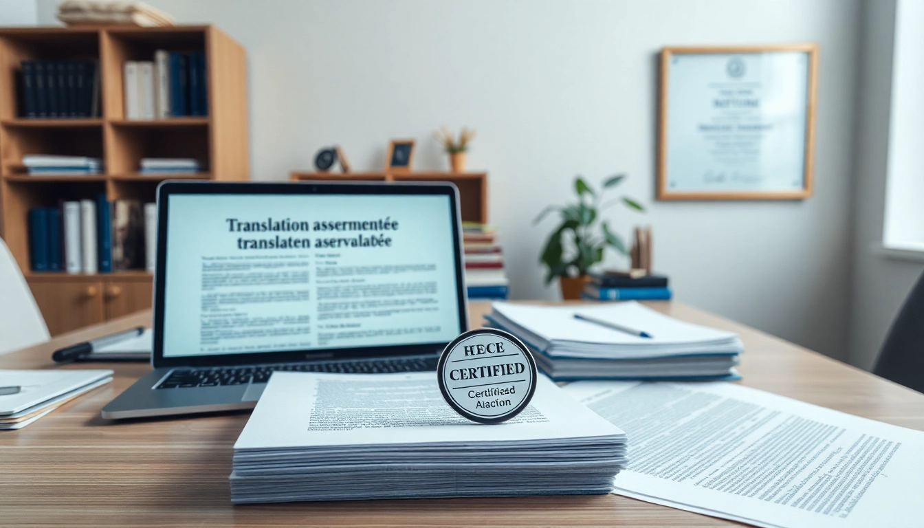 Espace de travail d'un traducteur professionnel présentant une traduction assermentée, incluant des documents juridiques et un sceau certifié.
