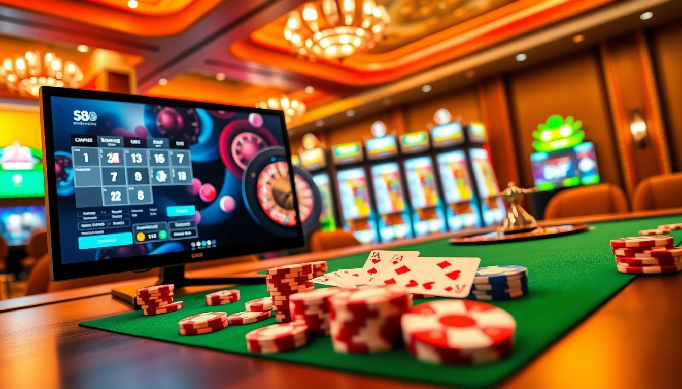 S8 online gambling interface showcasing a luxurious casino scene with poker chips and a roulette wheel.