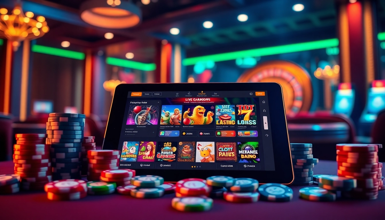 Action de casino crypto captivante avec une tablette moderne affichant des jeux colorés, des jetons et la roulette.