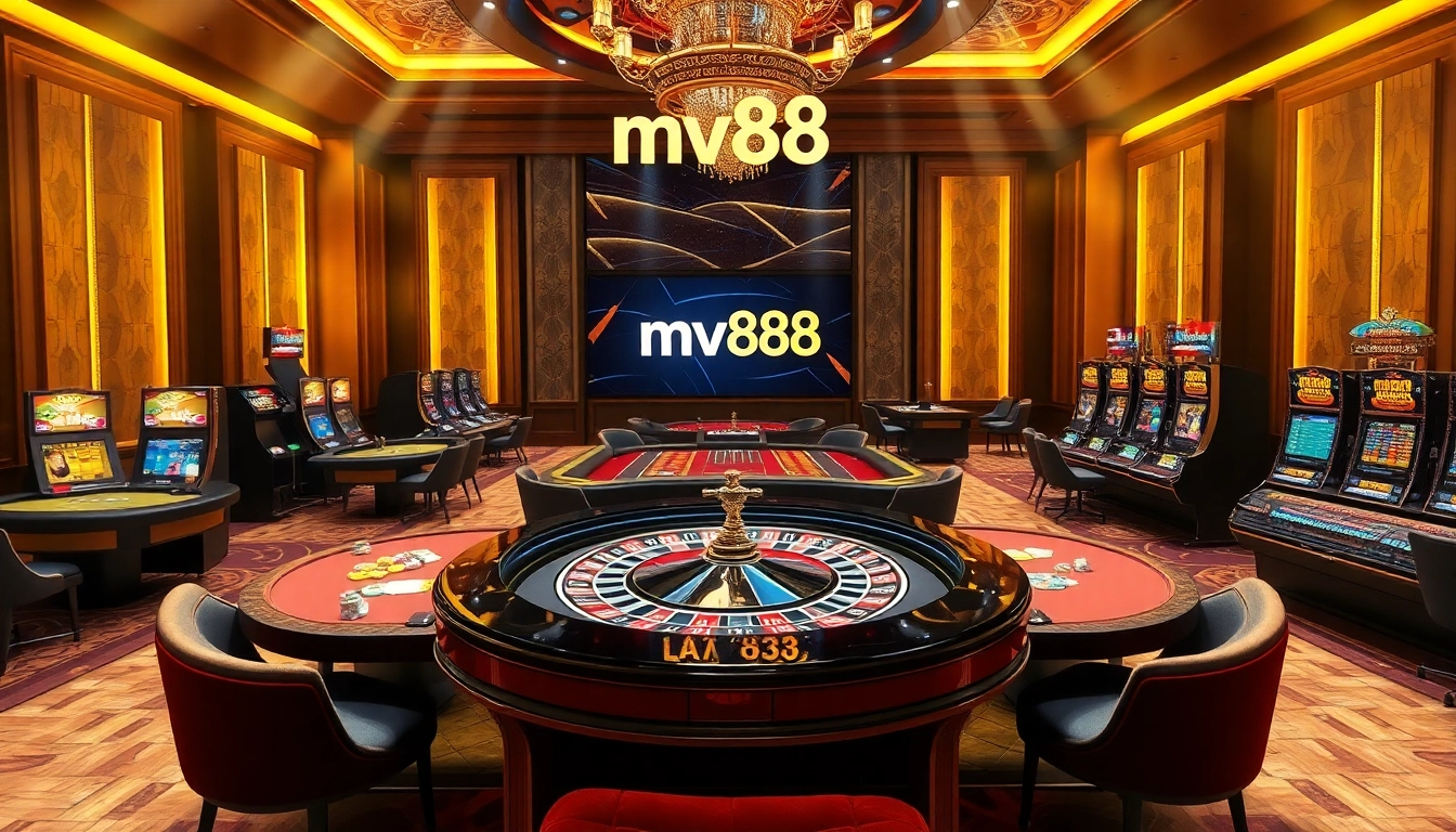 Experience the excitement of mv88 at a vibrant casino table surrounded by excited players.