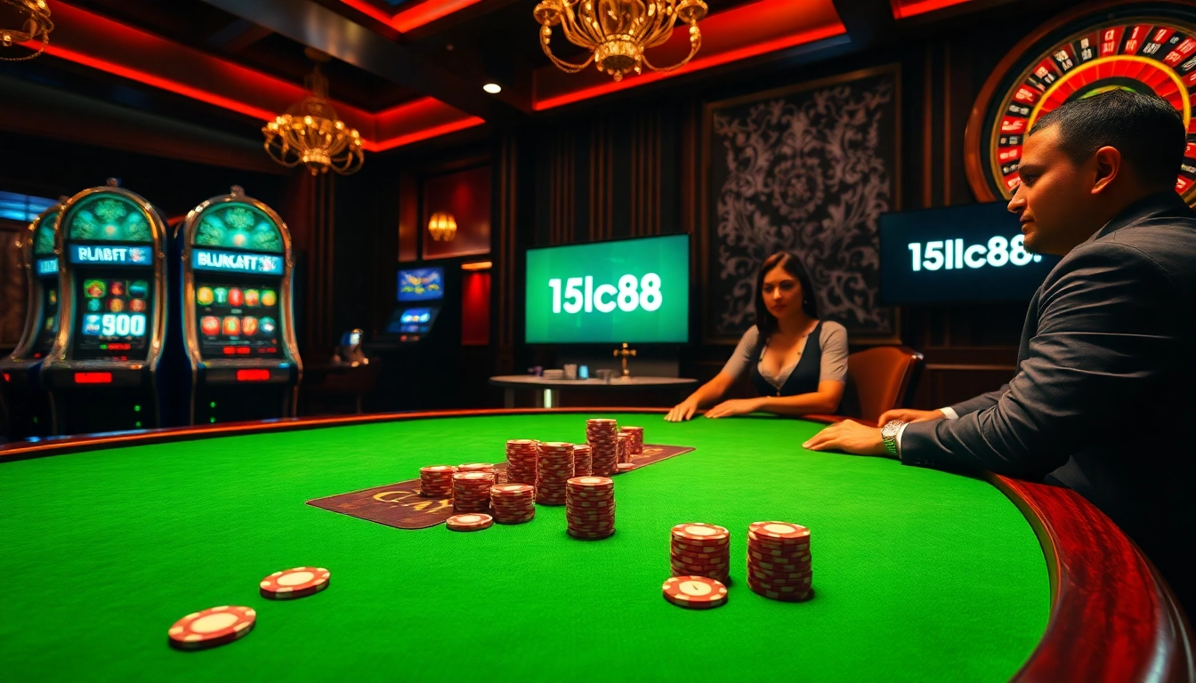 Experience the thrill of the casino with 15lc88 at a luxurious poker table, featuring vibrant chips and an exciting atmosphere.