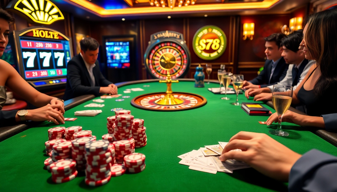 Players enjoying a high-stakes poker game at a luxurious casino table, featuring S8 poker chips and cards.