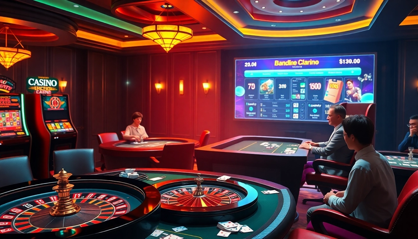Players enjoying games at casinos en ligne with vibrant slot machines and card tables.