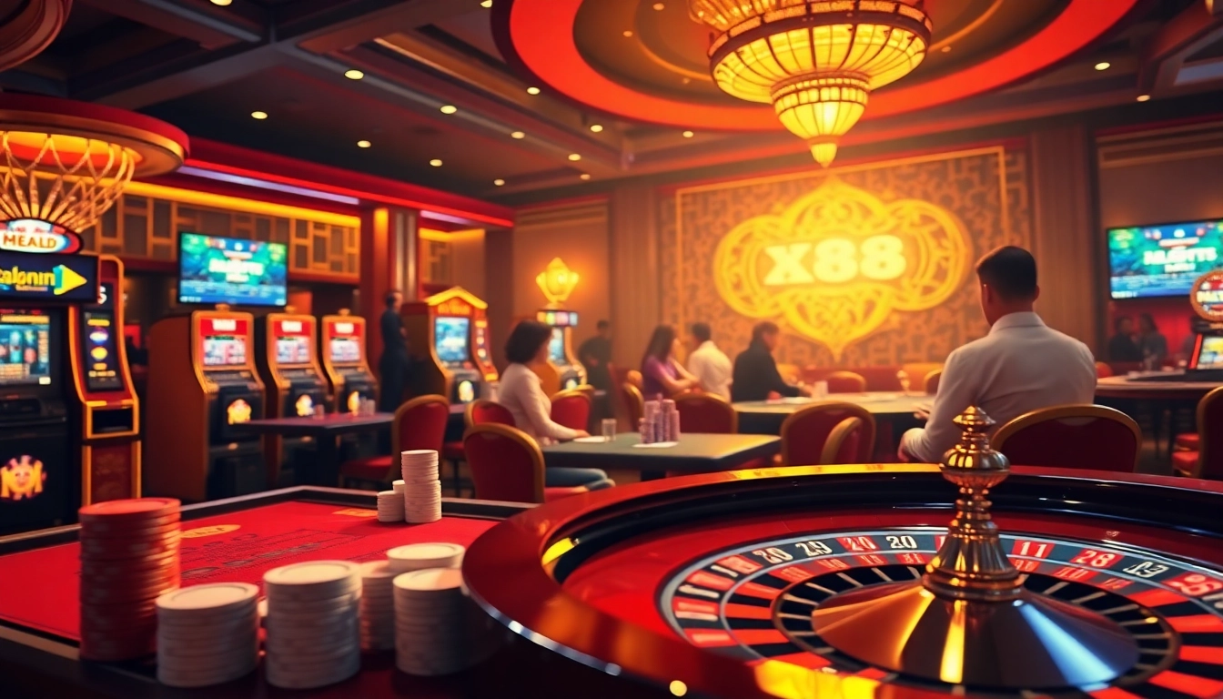 Experience the thrill of Nhà cái X88 with luxurious casino elements, including poker tables and slot machines.