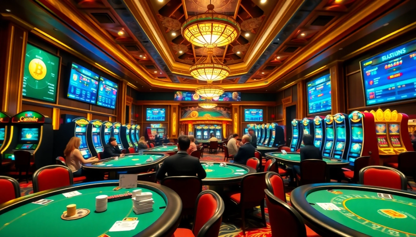 Pariez au Bitcoin casino avec des joueurs dans une atmosphère lumineuse et luxueuse.