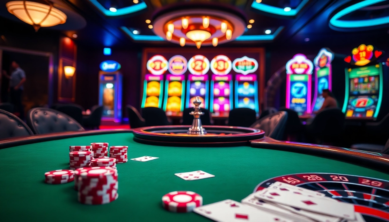 DOLA789 players enjoying a vibrant gambling scene with poker chips and cards on a luxurious casino table.