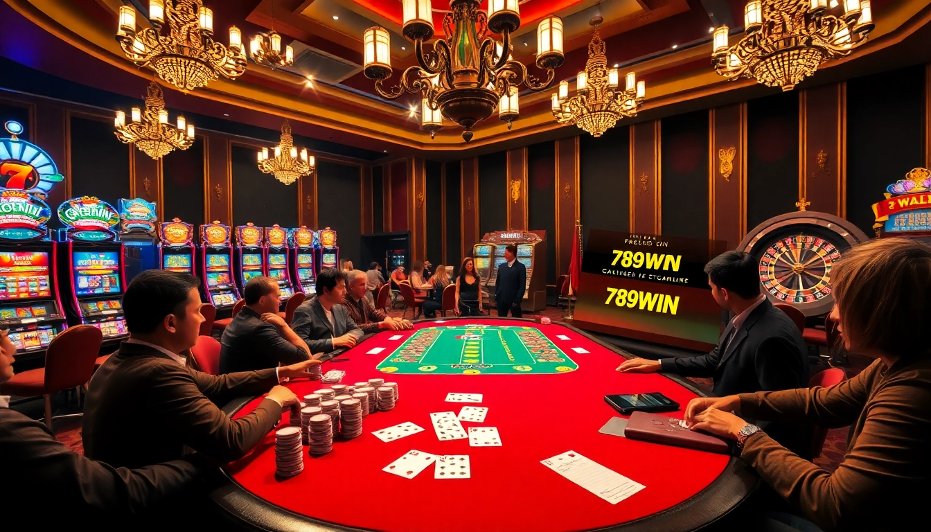 Exciting poker game at a 789WIN casino table with vibrant lighting and luxurious ambiance.