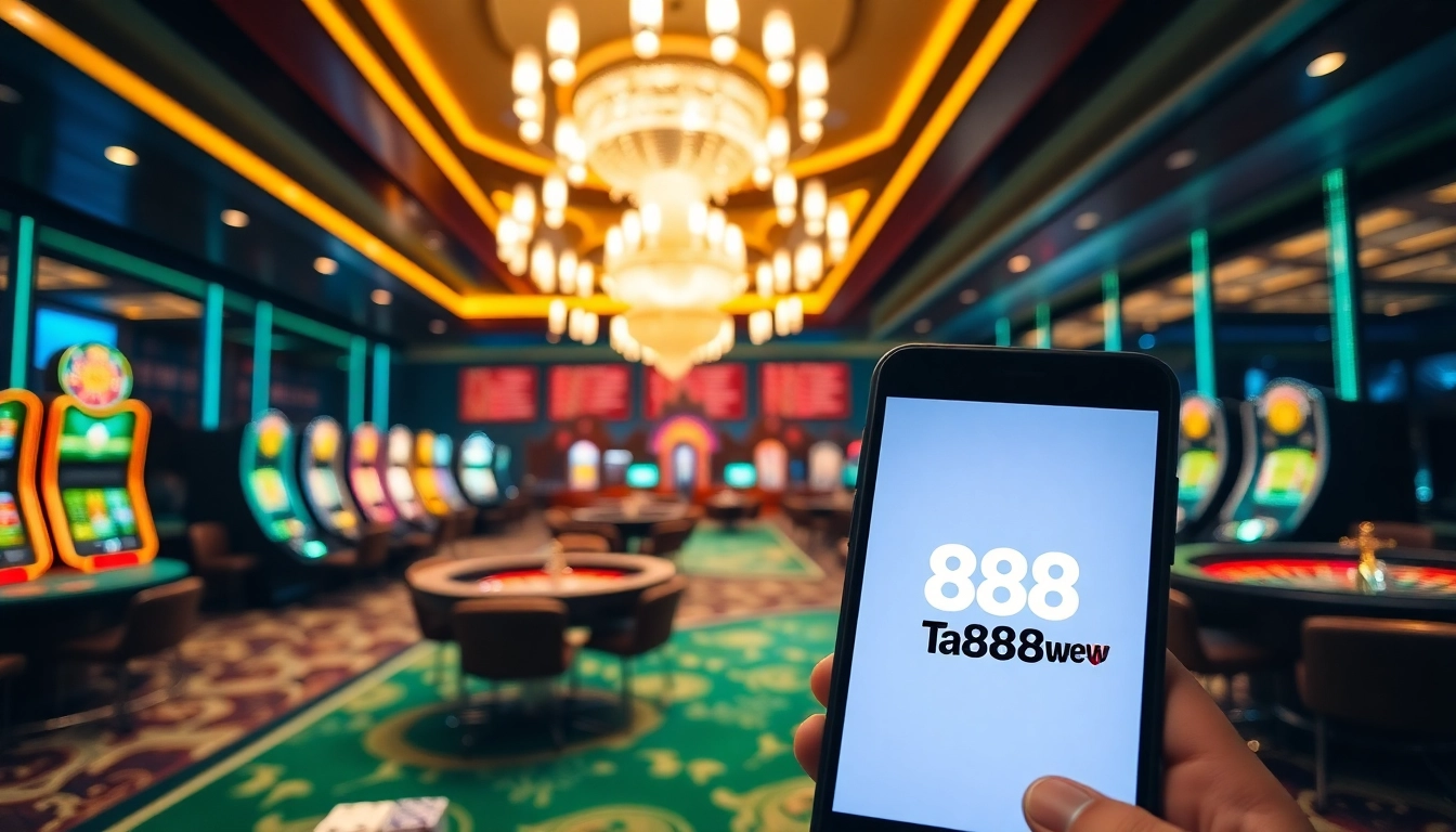 Tải App 888new displayed on a smartphone amidst vibrant casino visuals, embodying excitement and luxury.