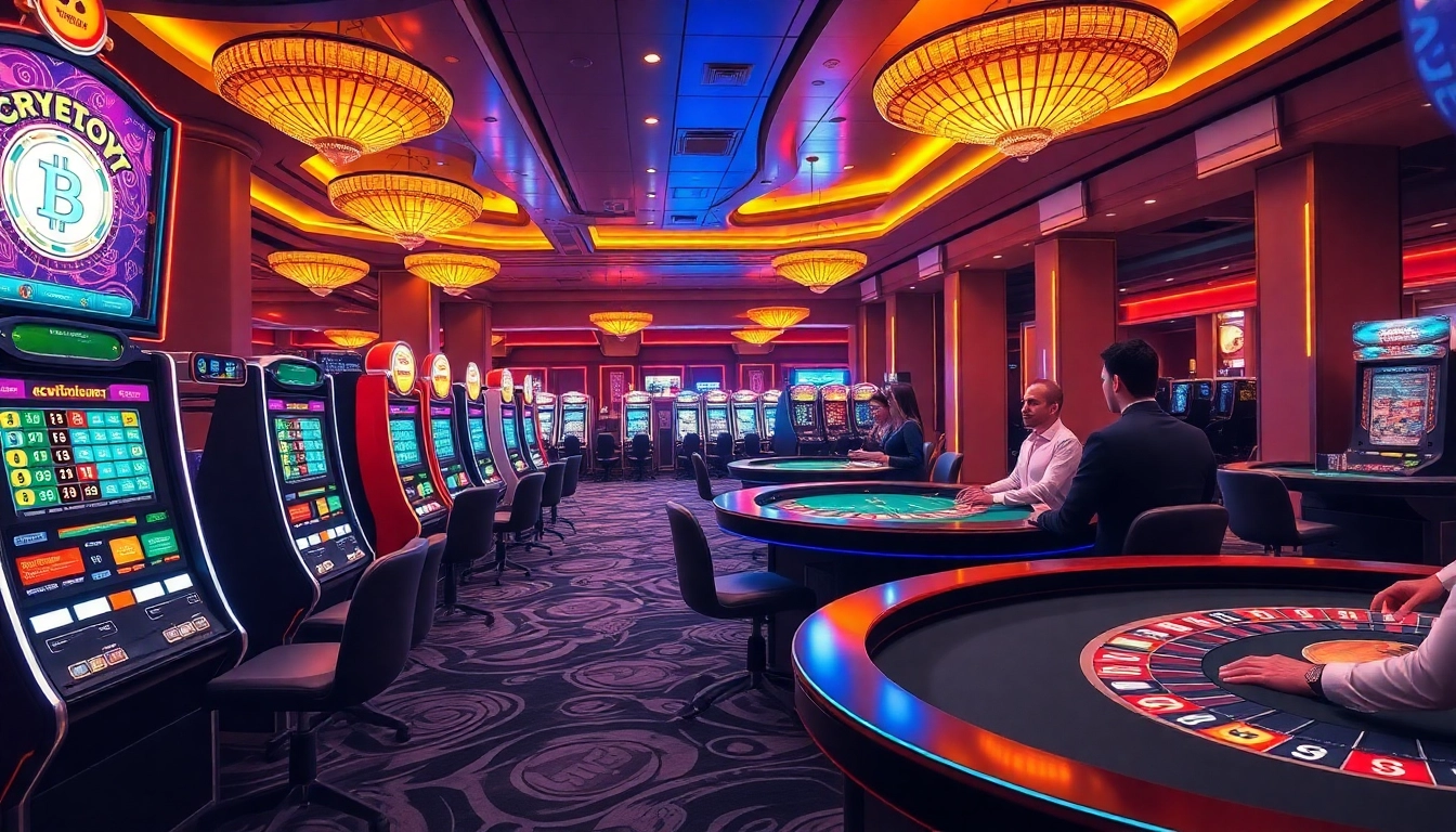 Experience casino crypto action with vibrant slot machines and engaged players at the tables.