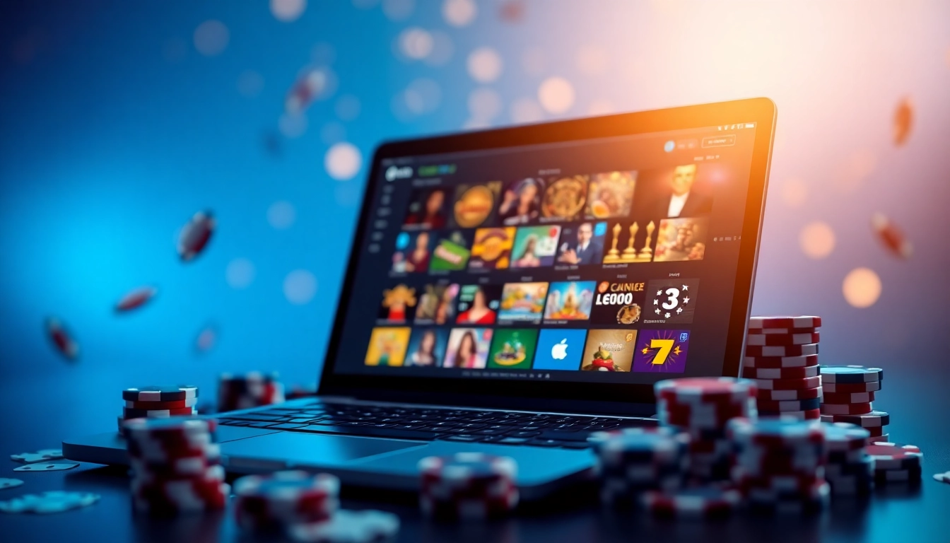 Découvrez le meilleur casino en ligne avec une interface moderne sur un portable entouré de jetons et de cartes.