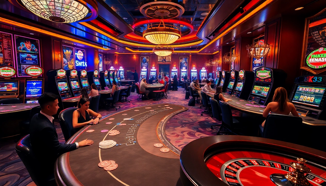 Experience the thrilling ambiance of the Bk33 club with players enjoying poker and slot machines sparkling under vibrant lights.